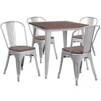 31.5 Square Silver Metal Table Set with Wood Top and 4 Stack Chairs