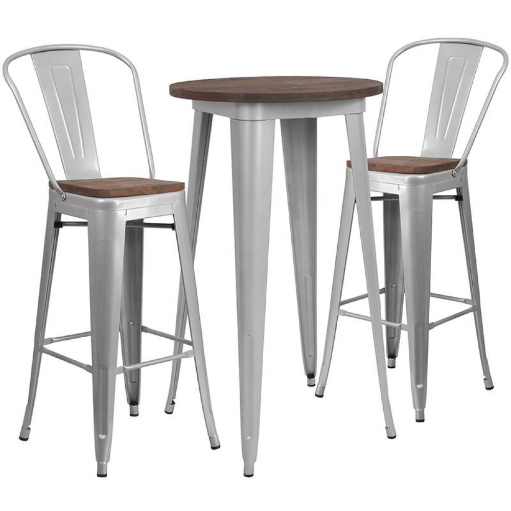 24 Round Silver Metal Bar Table Set with Wood Top and 2 Stools