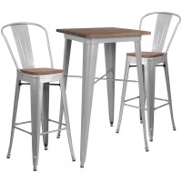 235 Square Silver Metal Bar Table Set with Wood Top and 2 Stools