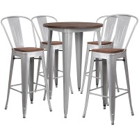 30 Round Silver Metal Bar Table Set with Wood Top and 4 Stools