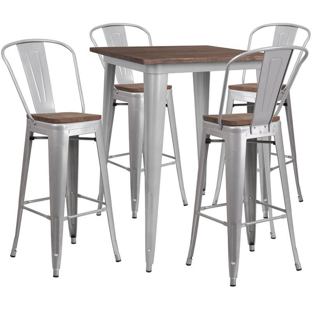 315 Square Silver Metal Bar Table Set with Wood Top and 4 Stools