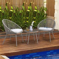 Nuu Garden 3 Piece Outdoor Bistro Set, Woven Rope Conversation Patio Set, All Weather Patio Furniture Chairs And Table With Cushions For Garden, Deck, Backyard, Balcony, Porch, Gray