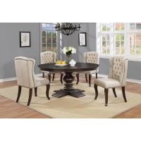 Classic 5Pc Round Dining Set With Upholstored Wingback Chairs Tufted & Naildhead Trim  Beige