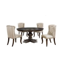 Classic 5Pc Round Dining Set With Upholstored Wingback Chairs Tufted & Naildhead Trim  Beige