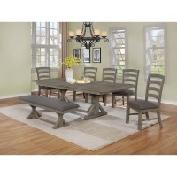 Classic 7pc Dining Set with Extendable Dining table with 18 Leaf Wood and Linen Side Chairs Upholstered Bench Gray