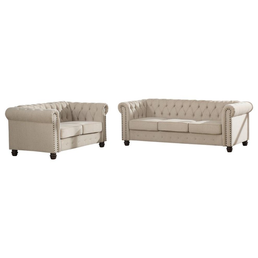 Best Master Venice 2Pc Fabric Upholstered Sofa Loveseat Set in Beige