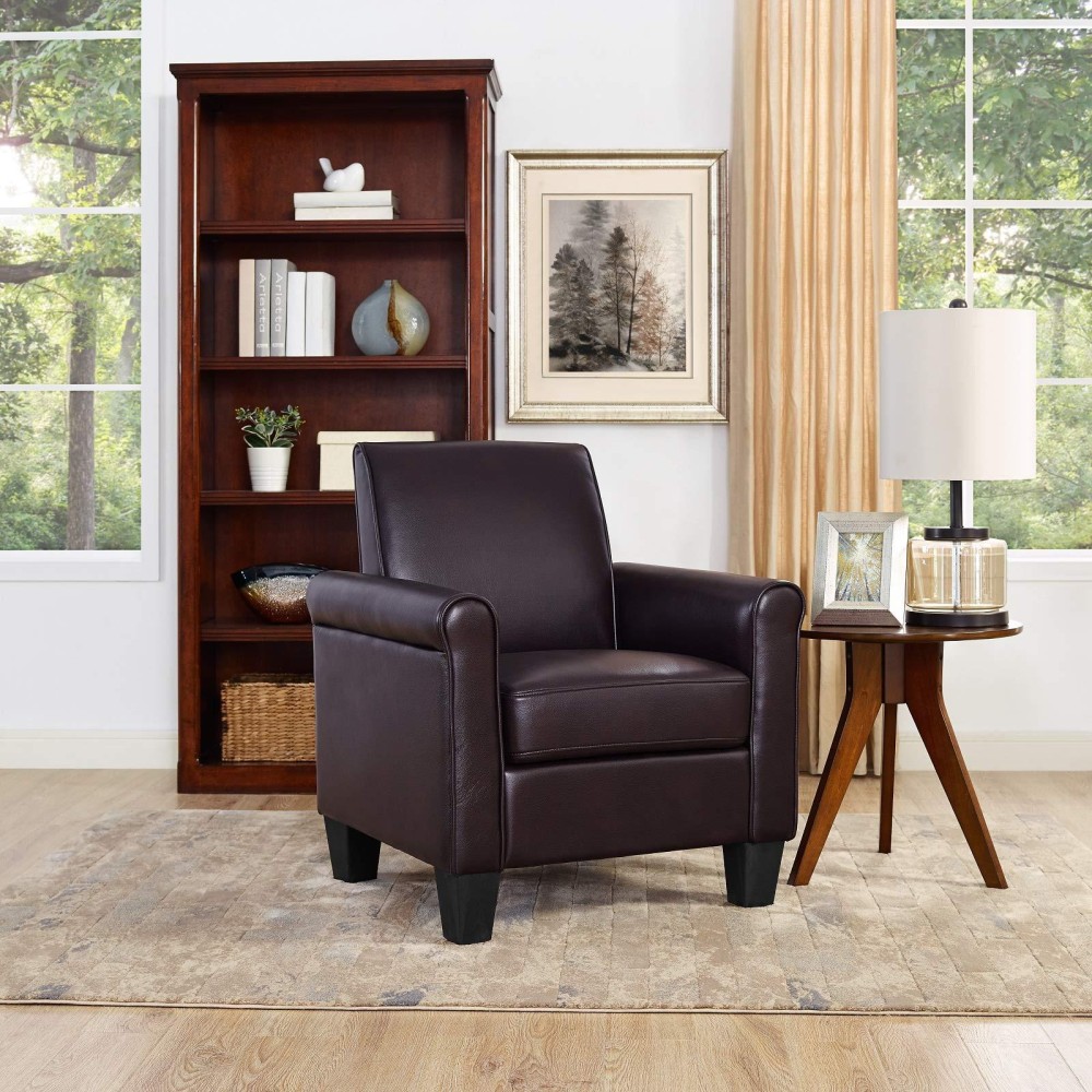 Lohoms Modern Faux Leather Accent Chair Upholstered Living Room Arm Chairs Comfy Single Sofa Chair Espresso