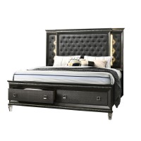 Panel Bed with Tufted Buttons and Backlit Backboard with 2 Footboard Drawers and Jewel Strip on Footboard and Headboard