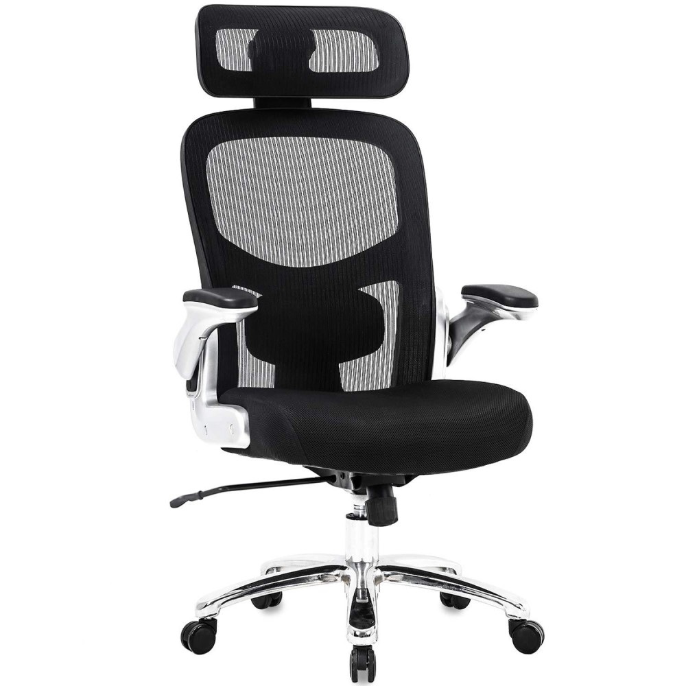 Big And Tall Office Chair 500Lbs Wide Seat Executive Desk Chair With Lumbar Support Flip Up Arms Headrest High Back Computer Chair Ergonomic Mesh Chair For Heavy People, Black