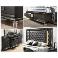 Panel Bed with Tufted Buttons and Backlit Backboard with 2 Footboard Drawers and Jewel Strip on Footboard and Headboard