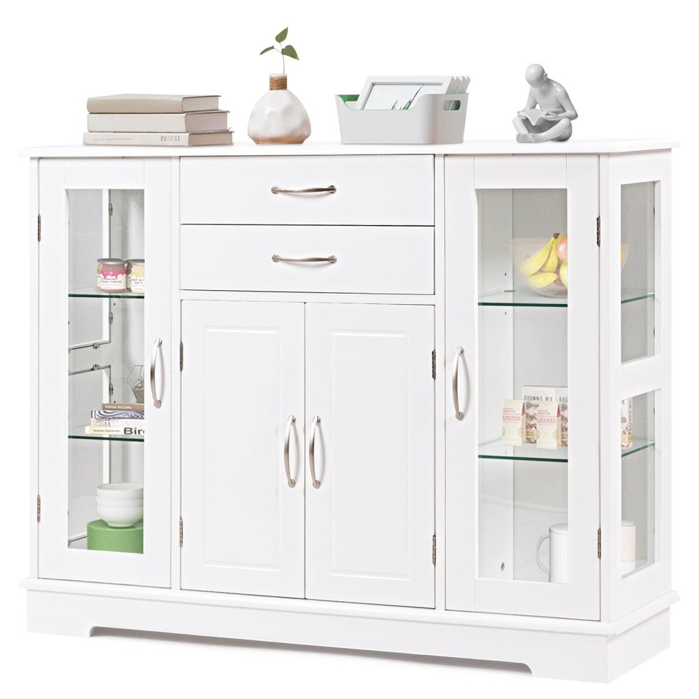 Giantex Sideboard Buffet Server Storage Cabinet W/ 2 Drawers, 3 Cabinets And Glass Doors For Kitchen Dining Room Furniture Cupboard Console Table (White)