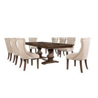 Classic 9pc Dining Set wUph Side Chairs Tufted Naildhead Trim Table wCenter 18 Leaf Walnut