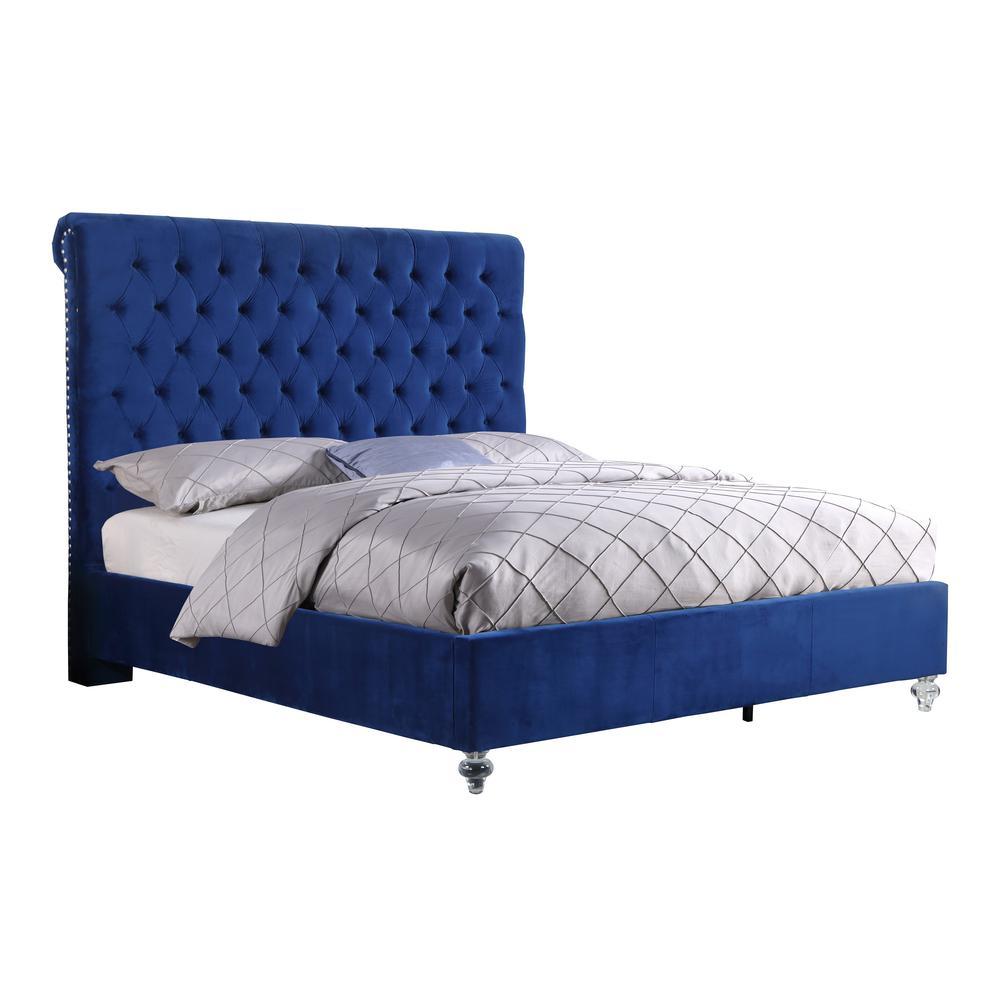 Navy Blue Velvet Uph Panel Bed with Acrylic Feet Cal King