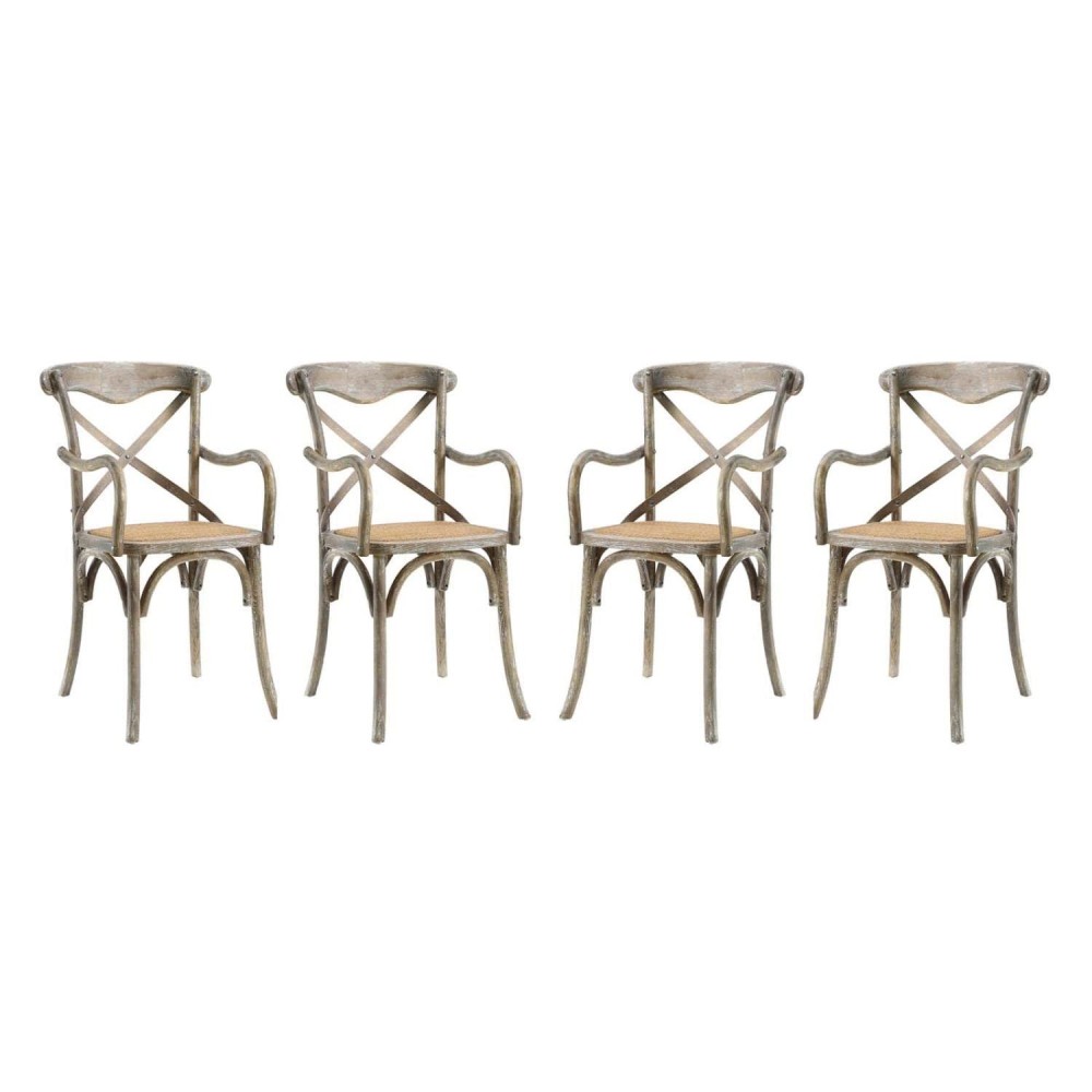 Modway Gear Rustic Modern Farmhouse Elm Wood Rattan Four Dining Armchairs In Gray