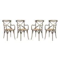 Modway Gear Rustic Modern Farmhouse Elm Wood Rattan Four Dining Armchairs In Gray