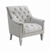 A modern spin on a classic traditional living room collectionGraceful, C-shaped silhouetteSoft, grey velvet upholstery with deep rhinestone tuftingElegant chrome nailhead trimSolid, turned wood legs in a silver finishThis collection is also available in t