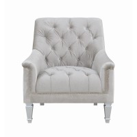 A modern spin on a classic traditional living room collectionGraceful, C-shaped silhouetteSoft, grey velvet upholstery with deep rhinestone tuftingElegant chrome nailhead trimSolid, turned wood legs in a silver finishThis collection is also available in t