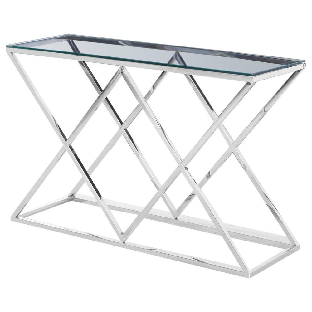 Best Master Mishie Angled Stainless Steel Clear Glass Console Table in Silver