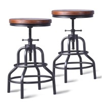 Lokkhan Vintage Industrial Bar Stool-Rustic Swivel Bar Stool-Round Wood Metal Stool-Kitchen Counter Height Adjustable Pipe Stool-Cast Steel Stool 20-27 Inch (Set Of 2)