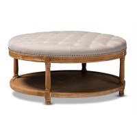 Baxton Studio Ambroise French Provincial Beige Linen Fabric Upholstered And White-Washed Oak Wood Button-Tufted Cocktail Ottoman With Shelf