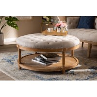 Baxton Studio Ambroise French Provincial Beige Linen Fabric Upholstered And White-Washed Oak Wood Button-Tufted Cocktail Ottoman With Shelf