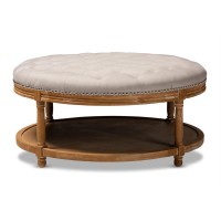 Baxton Studio Ambroise French Provincial Beige Linen Fabric Upholstered And White-Washed Oak Wood Button-Tufted Cocktail Ottoman With Shelf