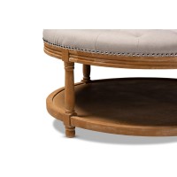 Baxton Studio Ambroise French Provincial Beige Linen Fabric Upholstered And White-Washed Oak Wood Button-Tufted Cocktail Ottoman With Shelf