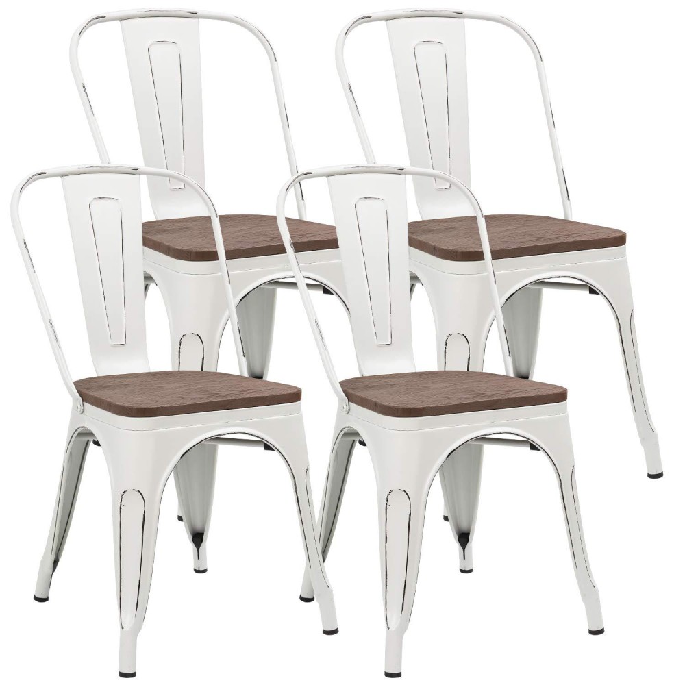 Jummico Metal Dining Chair Stackable Industrial Vintage Kitchen Chairs Indoor-Outdoor Bistro Cafe Side Chairs With Back And Wooden Seat Set Of 4 (White)