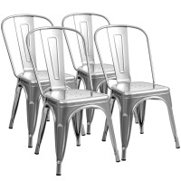 Furmax Metal Dining Chair Indoor-Outdoor Use Stackable Classic Trattoria Chair Chic Dining Bistro Cafe Side Metal Chairs Set Of 4 (Sliver)