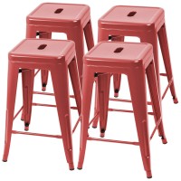 Furmax 24 Inches Metal Bar Stools Bar Height High Backless Stools Indoor Outdoor Stackable Kitchen Stools Set Of 4 Red