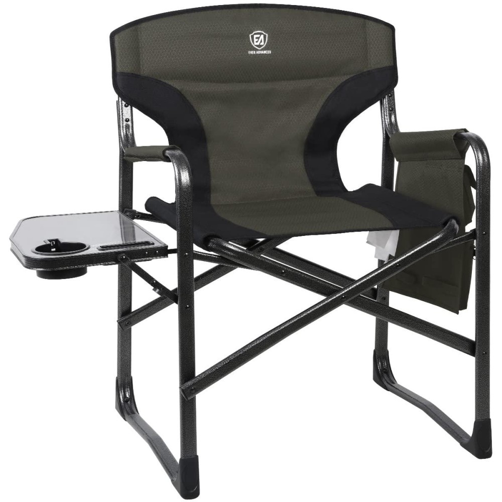 Ever Advanced Lightweight Folding Directors Chairs Outdoor, Aluminum Camping Chair With Side Table And Storage Pouch, Heavy Duty Supports 350Lbs,Green