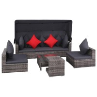 Vidaxl Patio Furniture Set 7 Piece, Patio Conversation Set With Cushions And Canopy, Sectional Sofa With Side Table, Wicker Furniture, Poly Rattan Gray