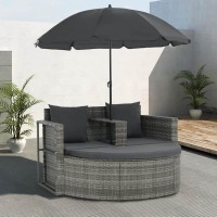 vidaXL 2 Seater Garden Sofa with Cushions and Parasol Gray Poly Rattan 44478