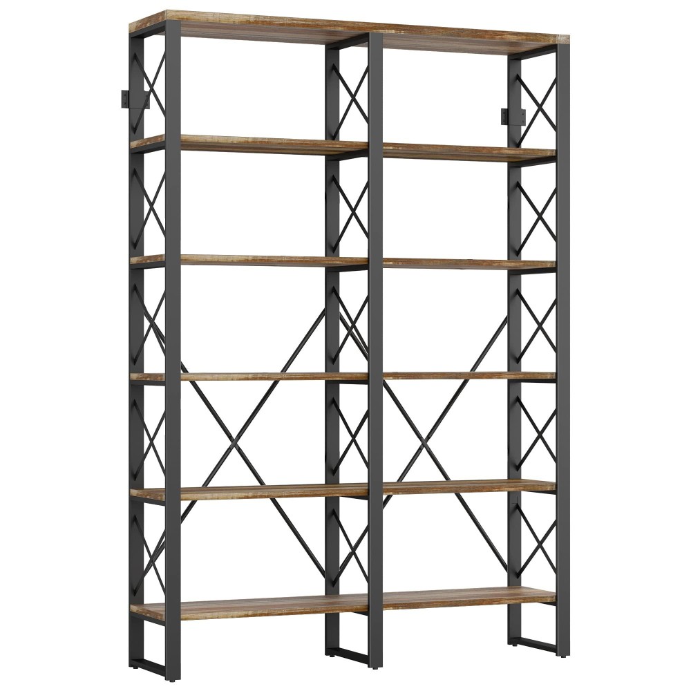 Ironck Industrial Bookshelf Double Wide 6-Tier, Open Large Bookcase, Wood And Metal Bookshelves For Home Office, Easy Assembly