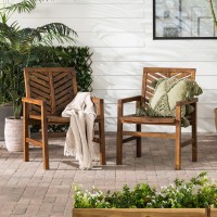 Walker Edison 2 Piece Outdoor Patio Chevron Wood Chair Set All Weather Backyard Conversation Garden Poolside Balcony Set Of 2