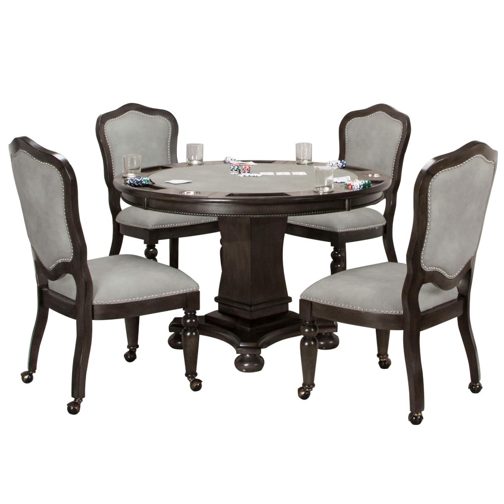 Sunset Trading 5 Piece 48 Round Vegas Dining And Poker Table Set Reversible Game Top Gray Wood Caster Chairs With Nailhea