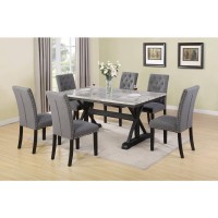 7Pc Dining Set: 1 Dining Table With Faux Marble Top And 6 Upholstered Side Chairs With Tufted Buttons And Nailhead Trim