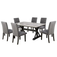 7Pc Dining Set: 1 Dining Table With Faux Marble Top And 6 Upholstered Side Chairs With Tufted Buttons And Nailhead Trim