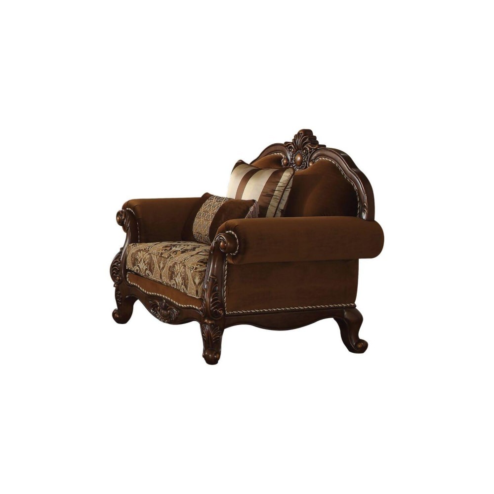 Acme Furniture Jardena Chair With 2 Pillows, Fabric & Cherry Oak