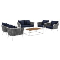 Modway Stance Outdoor Patio Aluminum Sectional Sofa Set, 6 Piece, White Navy