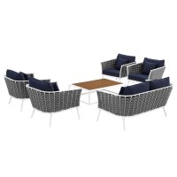 Modway Stance Outdoor Patio Aluminum Sectional Sofa Set, 6 Piece, White Navy