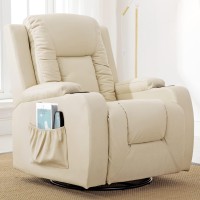 Comhoma Recliner Chair Massage Rocker With Heated Pu Leather Ergonomic Lounge 360 Degree Swivel Sofa Seat With Drink Holders Living Room Chair Cream