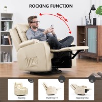 Comhoma Recliner Chair Massage Rocker With Heated Pu Leather Ergonomic Lounge 360 Degree Swivel Sofa Seat With Drink Holders Living Room Chair Cream