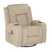 Comhoma Recliner Chair Massage Rocker With Heated Pu Leather Ergonomic Lounge 360 Degree Swivel Sofa Seat With Drink Holders Living Room Chair Cream