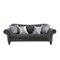 Acme Gaura Velvet Tufted Sofa With Nail-Head Trim In Dark Gray