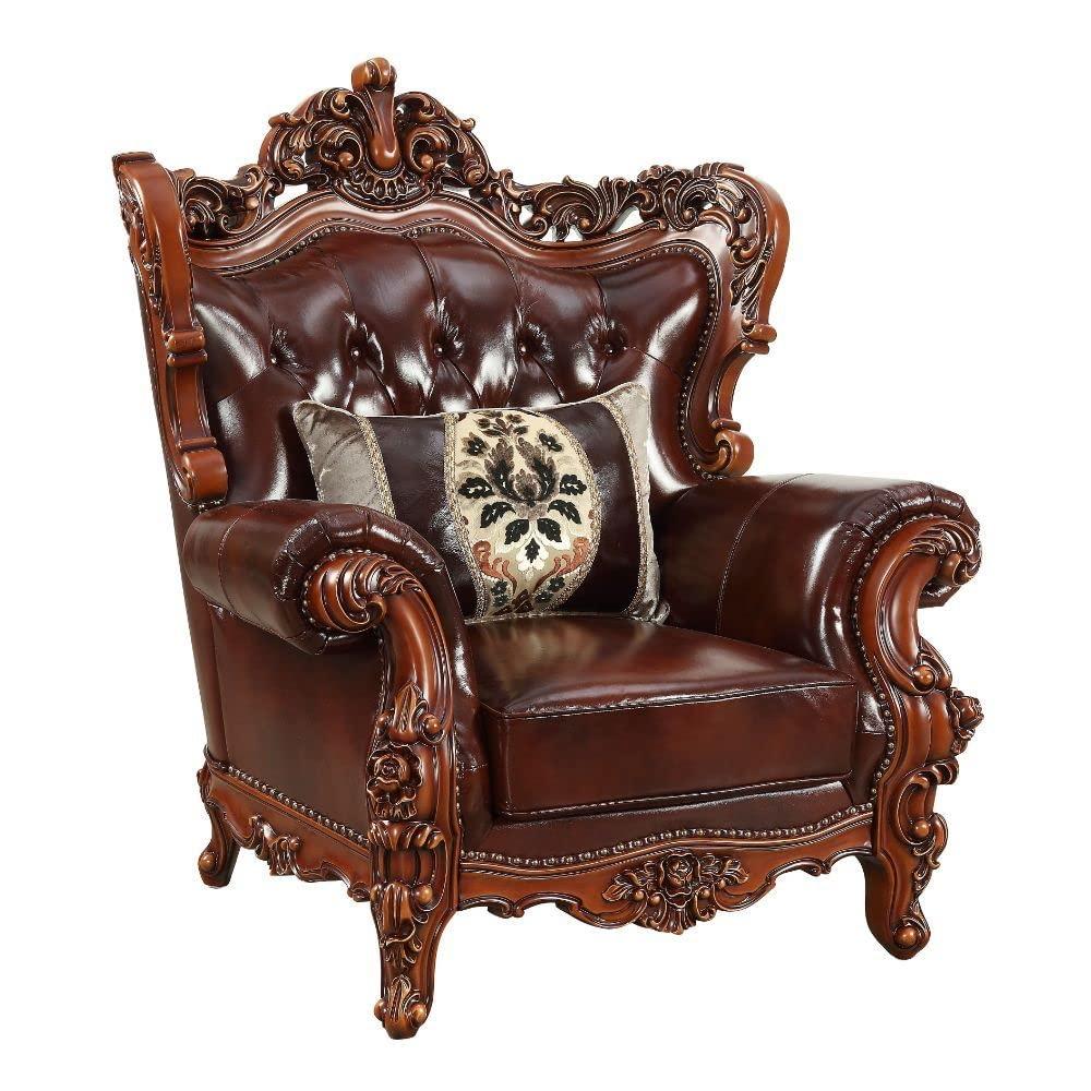 Acme Furniture Eustoma Chair With 1 Pillow, Cherry Top Grain Leather & Walnut