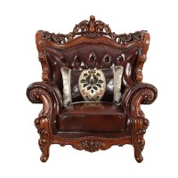 Acme Furniture Eustoma Chair With 1 Pillow, Cherry Top Grain Leather & Walnut