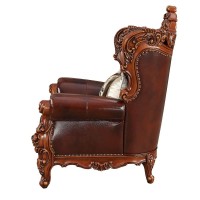 Acme Furniture Eustoma Chair With 1 Pillow, Cherry Top Grain Leather & Walnut