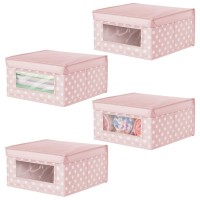 Mdesign Medium Soft Stackable Fabric Baby Nursery Storage Organizer Holder Bin Box With Front Window And Lid For Child/Kids Bedroom, Playroom, Classroom - 4 Pack - Pink/White Polka Dot
