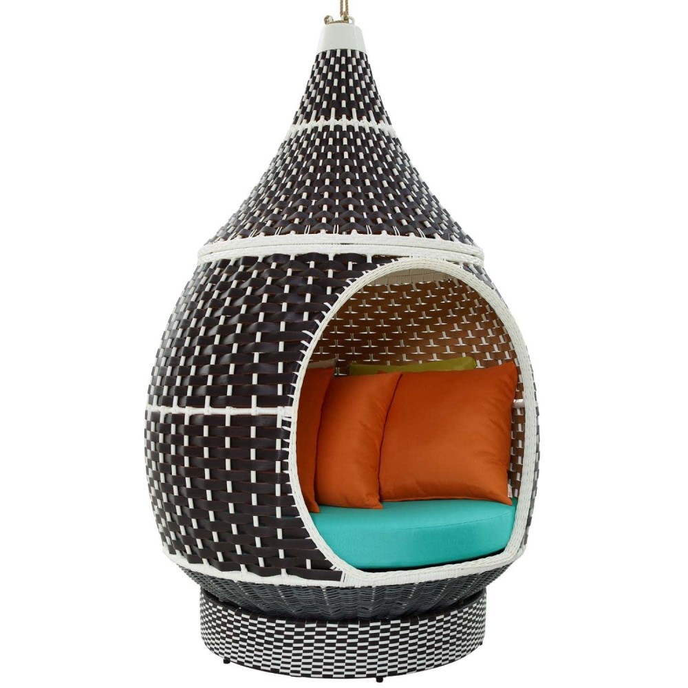 Modway Palace Wicker Rattan Aluminum Outdoor Patio Hanging Swing Lounge Pod With Cushions In Brown Turquoise